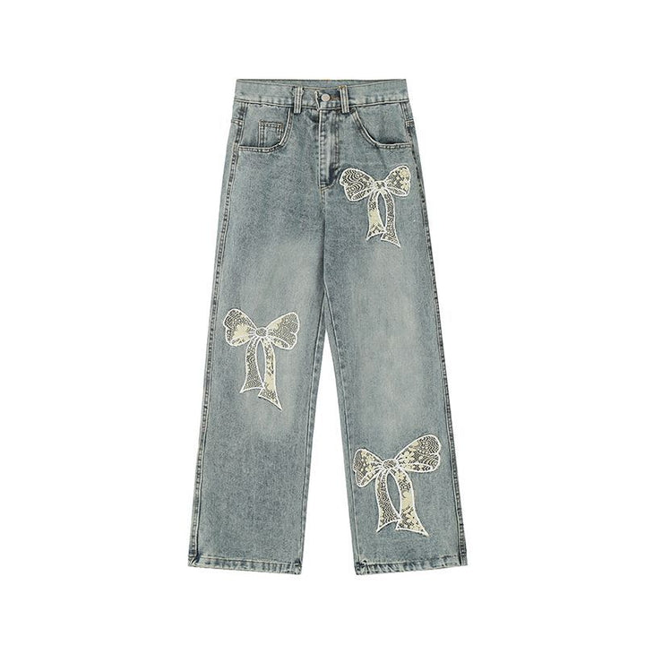 Ribbon Embroidery Washed Straight Denim