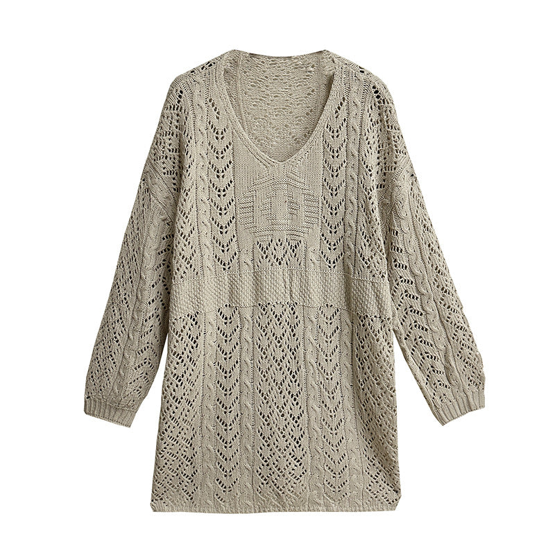 Hollow crochet design V-neck knitted dress