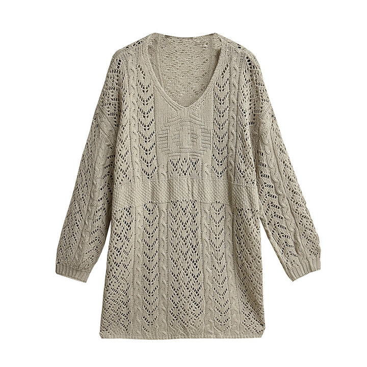 Hollow crochet design V-neck knitted dress