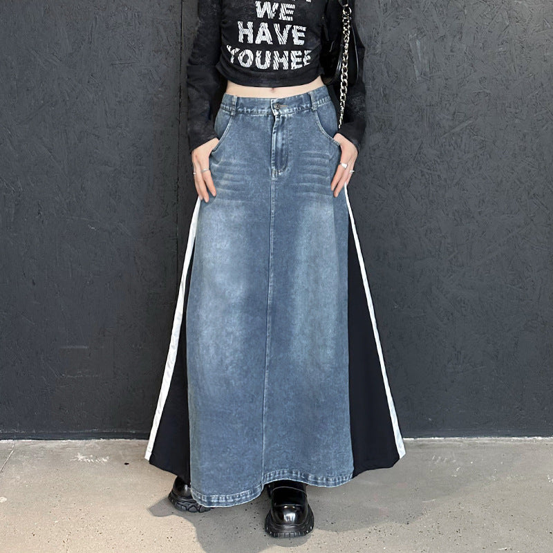 Washed patchwork denim side skirt