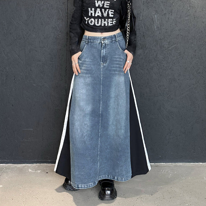 Washed patchwork denim side skirt