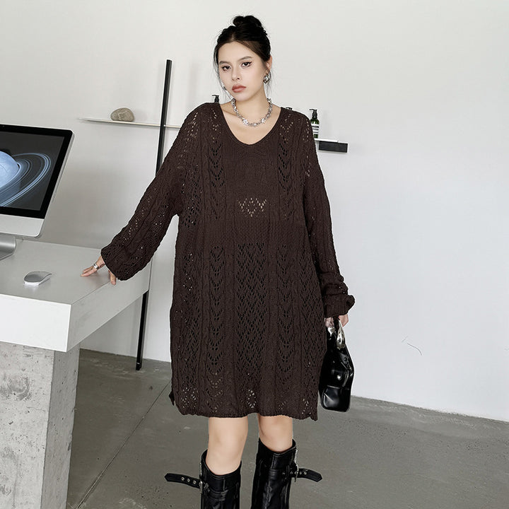 Hollow crochet design V-neck knitted dress