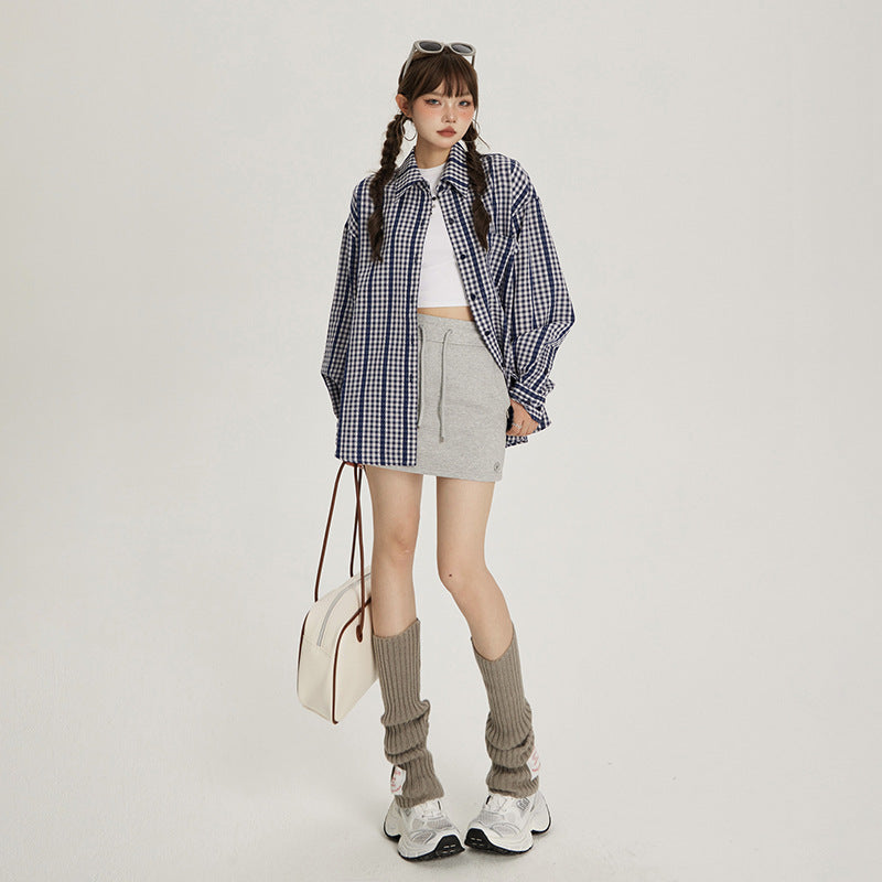 Lace design plaid shirt long sleeve early fall loose jacket