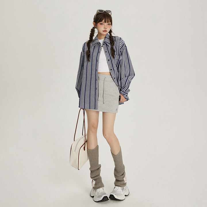 Lace design plaid shirt long sleeve early fall loose jacket