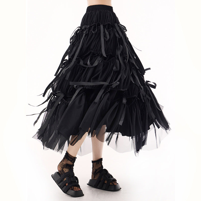 Ribbon stitching long flare gathered tulle skirt
