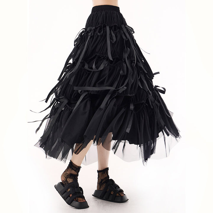 Ribbon stitching long flare gathered tulle skirt