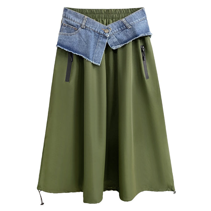 Contrast color switching denim flare skirt