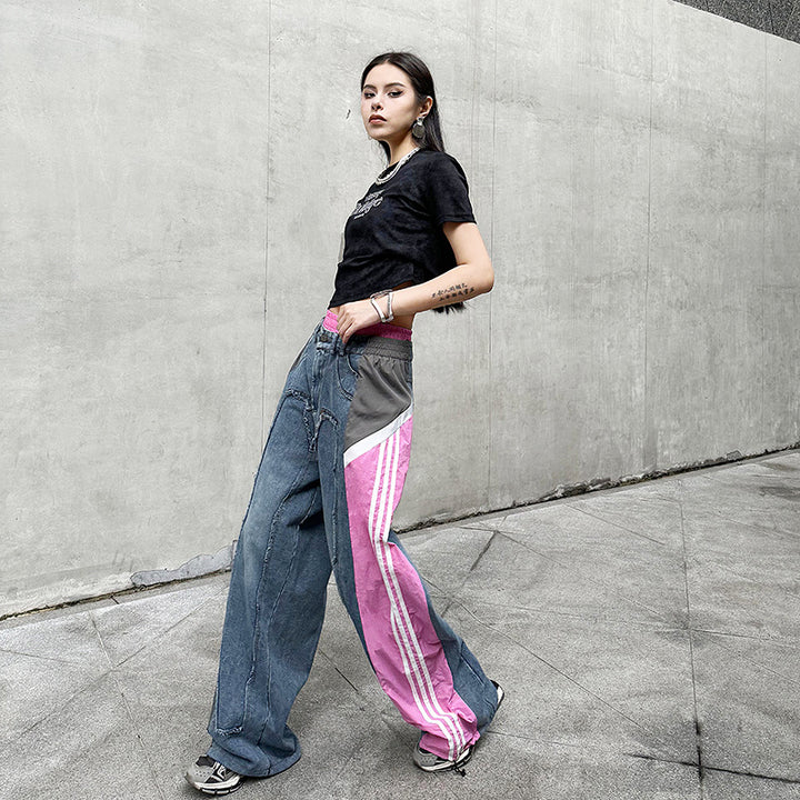 Street color patchwork loose jeans