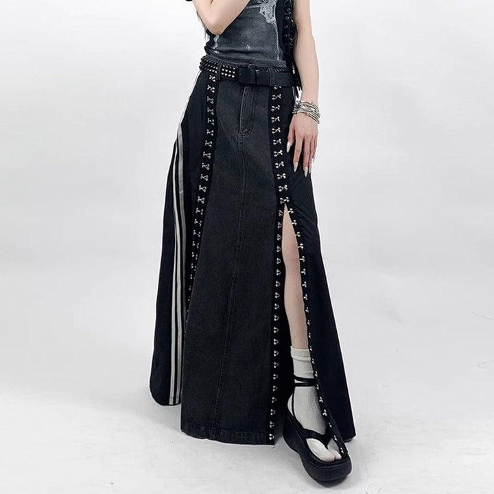 Side line hook denim A-line skirt