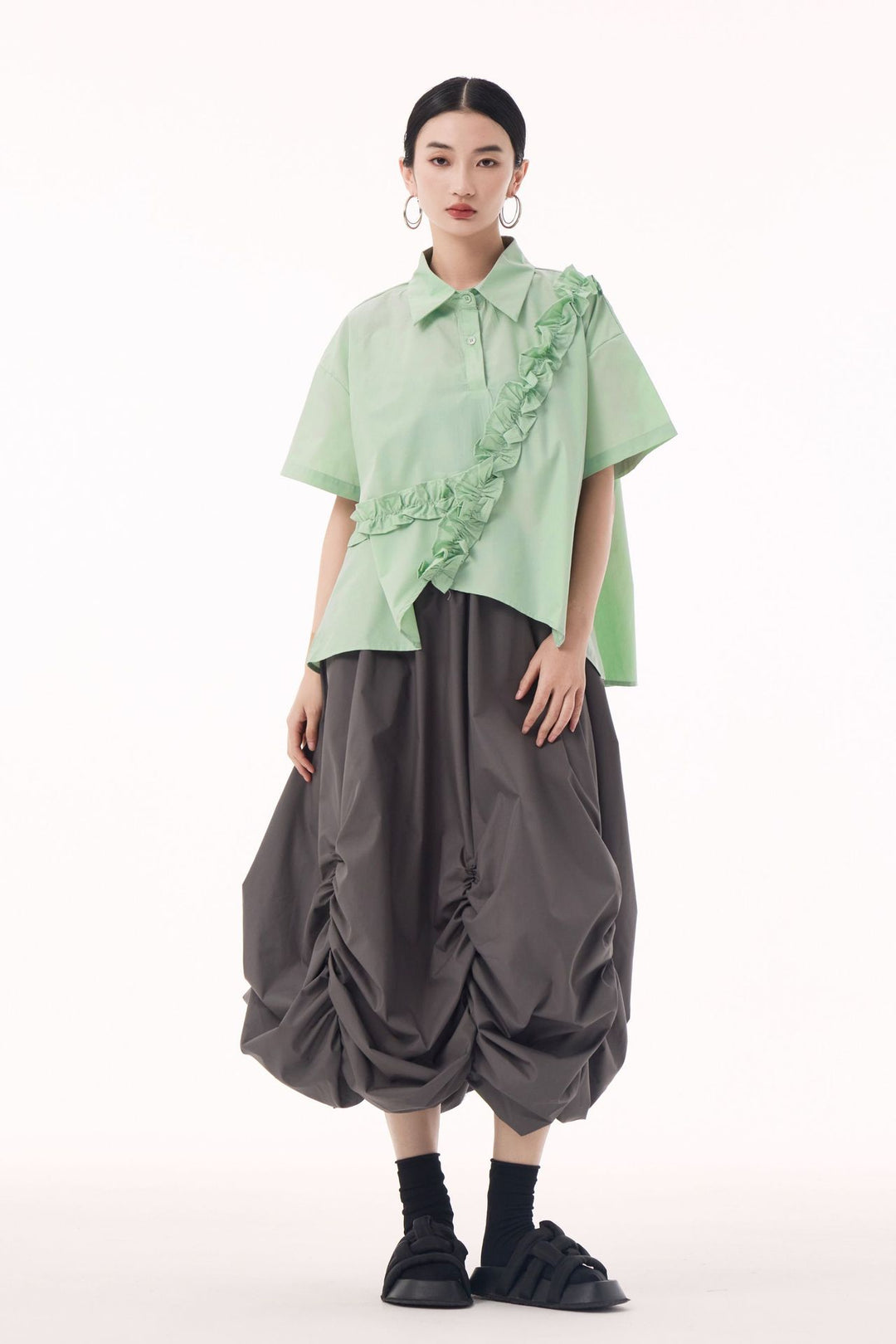 Asymmetry frill short sleeve shirt