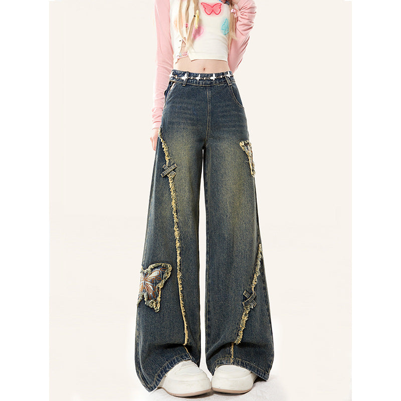 Butterfly Vintage Wide Denim Pants
