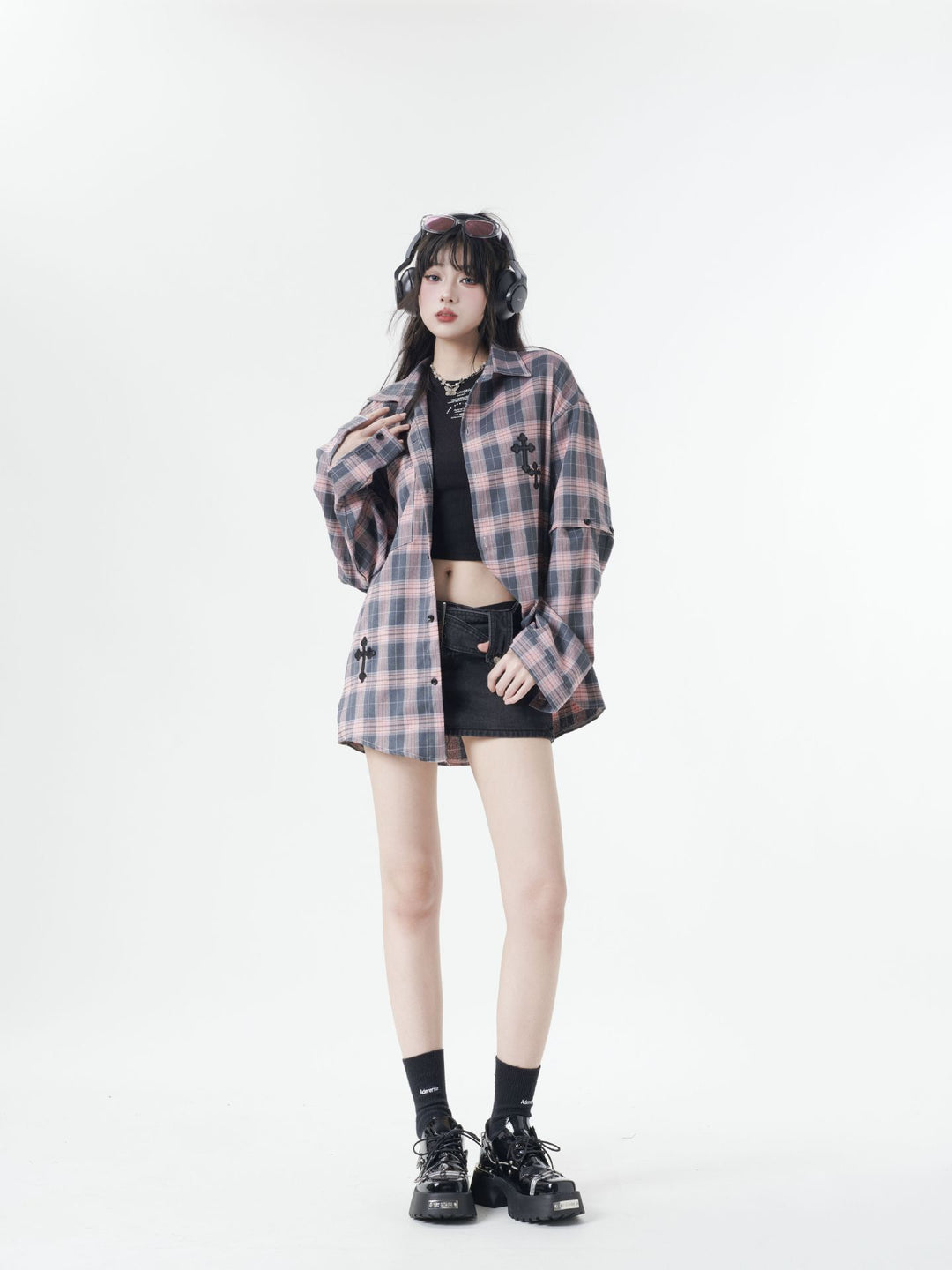 Street trend plaid sleeve detachable shirt