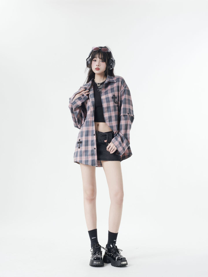 Street trend plaid sleeve detachable shirt