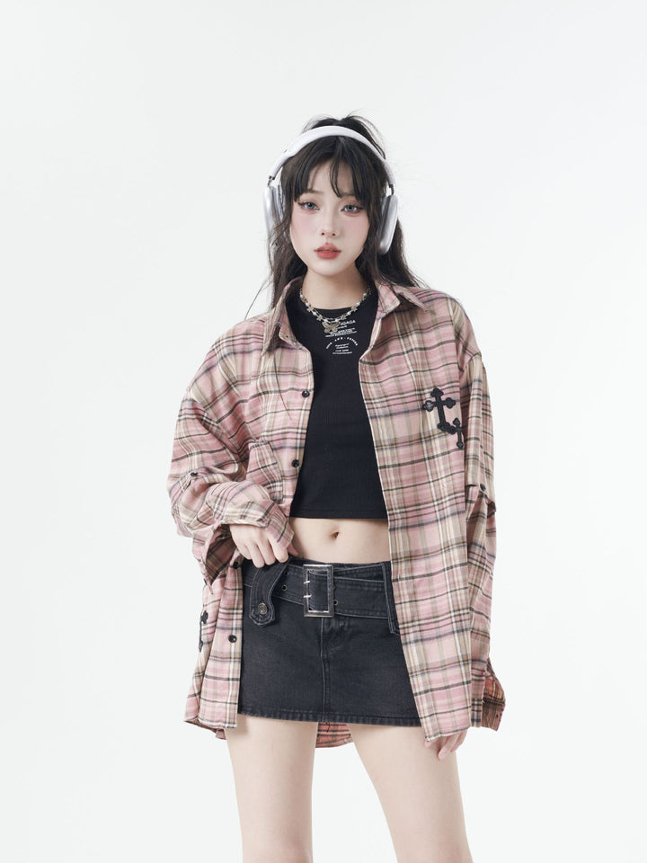 Street trend plaid sleeve detachable shirt