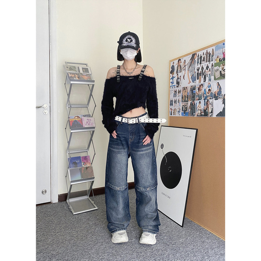 Wash stitching wide-leg jeans