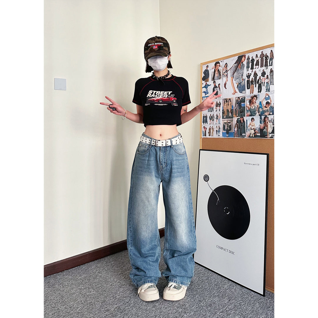 Light blue washed design loose straight wide-leg pants