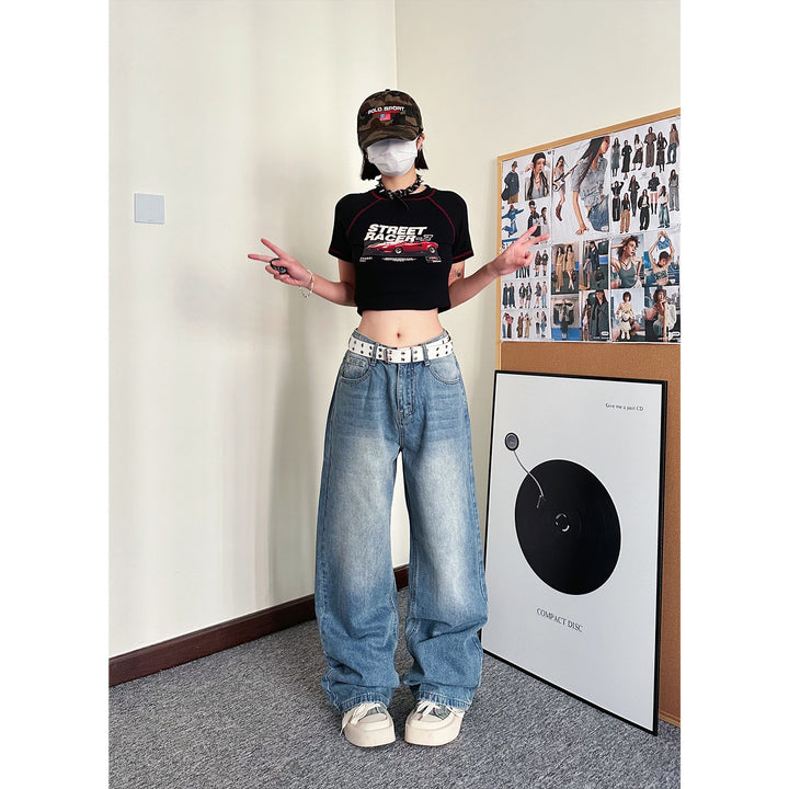 Light blue washed design loose straight wide-leg pants