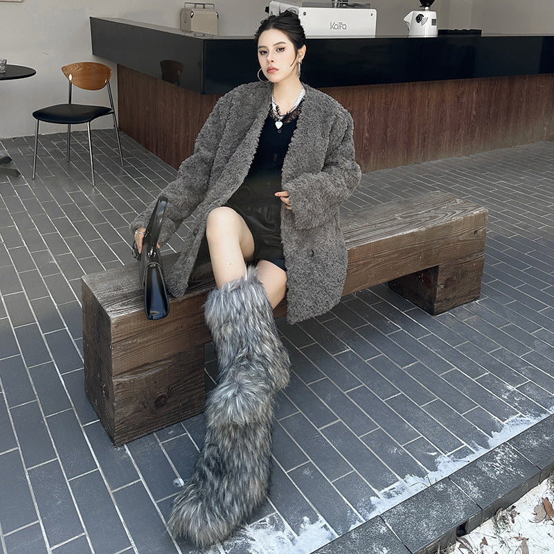 Oversized no-collar fur coat