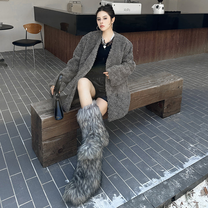 Oversized no-collar fur coat