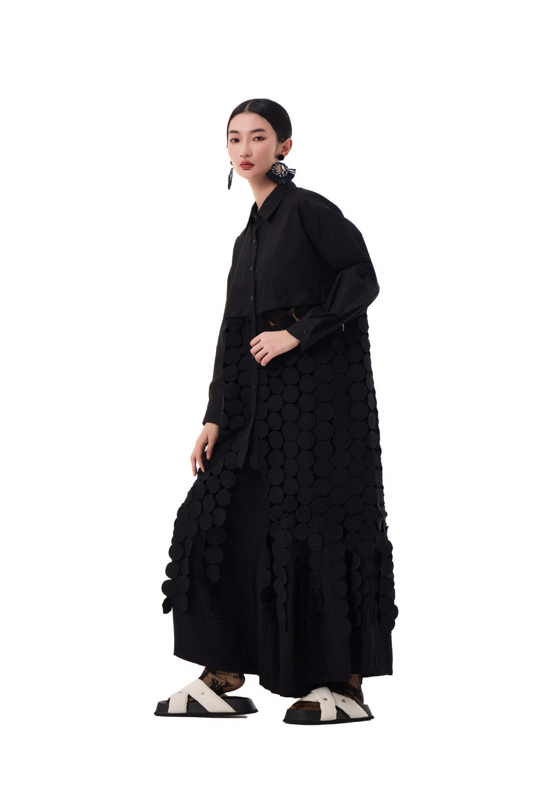 Patchwork hollow disc fringe shirt dress