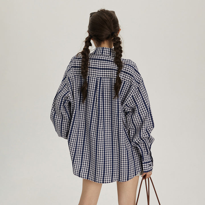 Lace design plaid shirt long sleeve early fall loose jacket