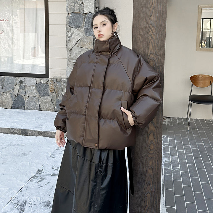PU leather stand collar padded short volume down jacket