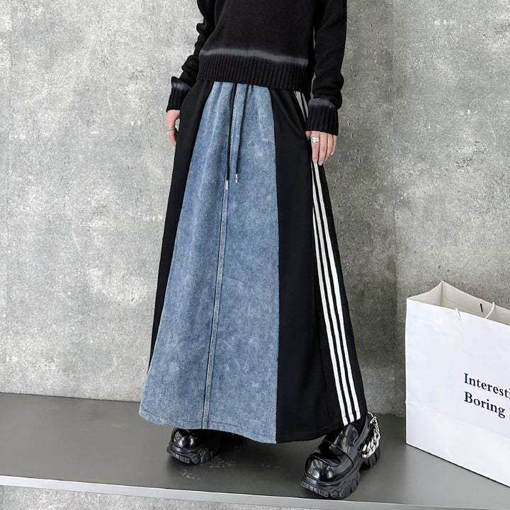 Denim patchwork striped a-line skirt