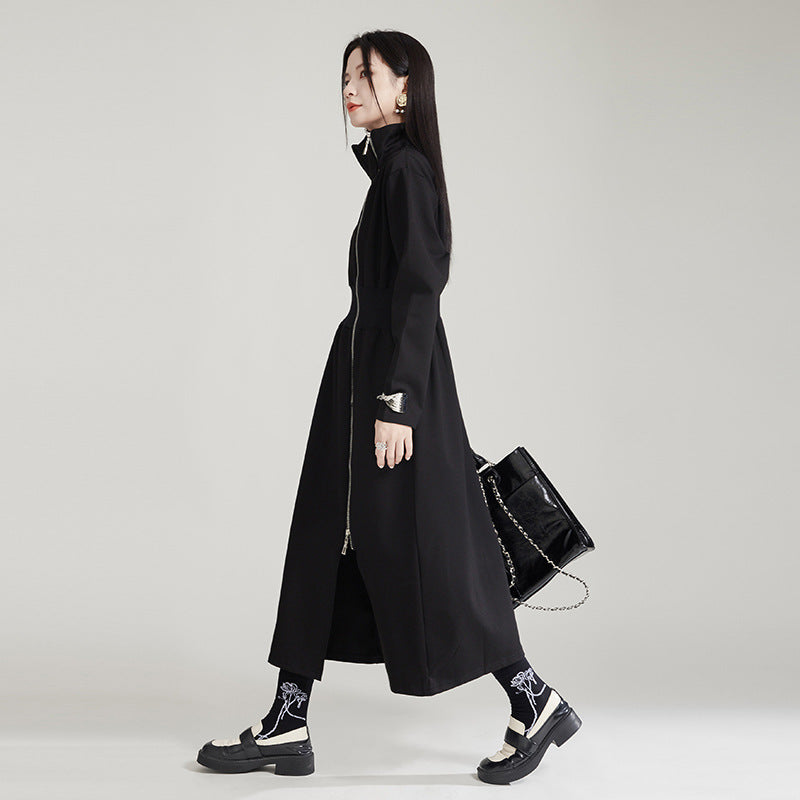 Waist Tightening Zipper Split Mid length Dress