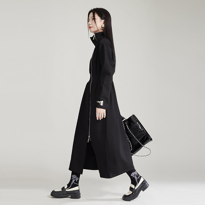 Waist Tightening Zipper Split Mid length Dress