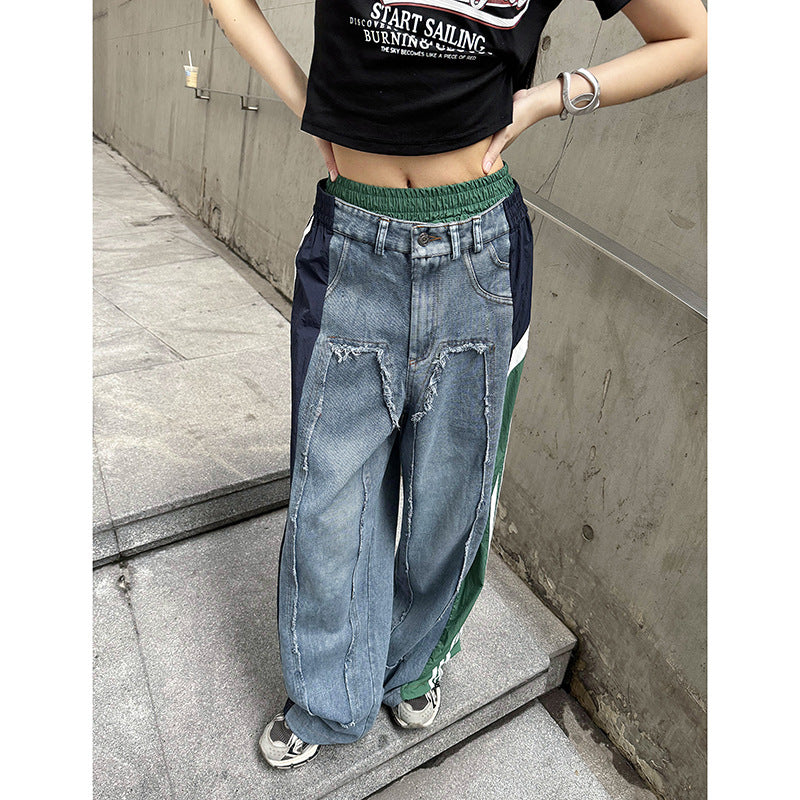 Color contrast stitching cuffed high waist jeans