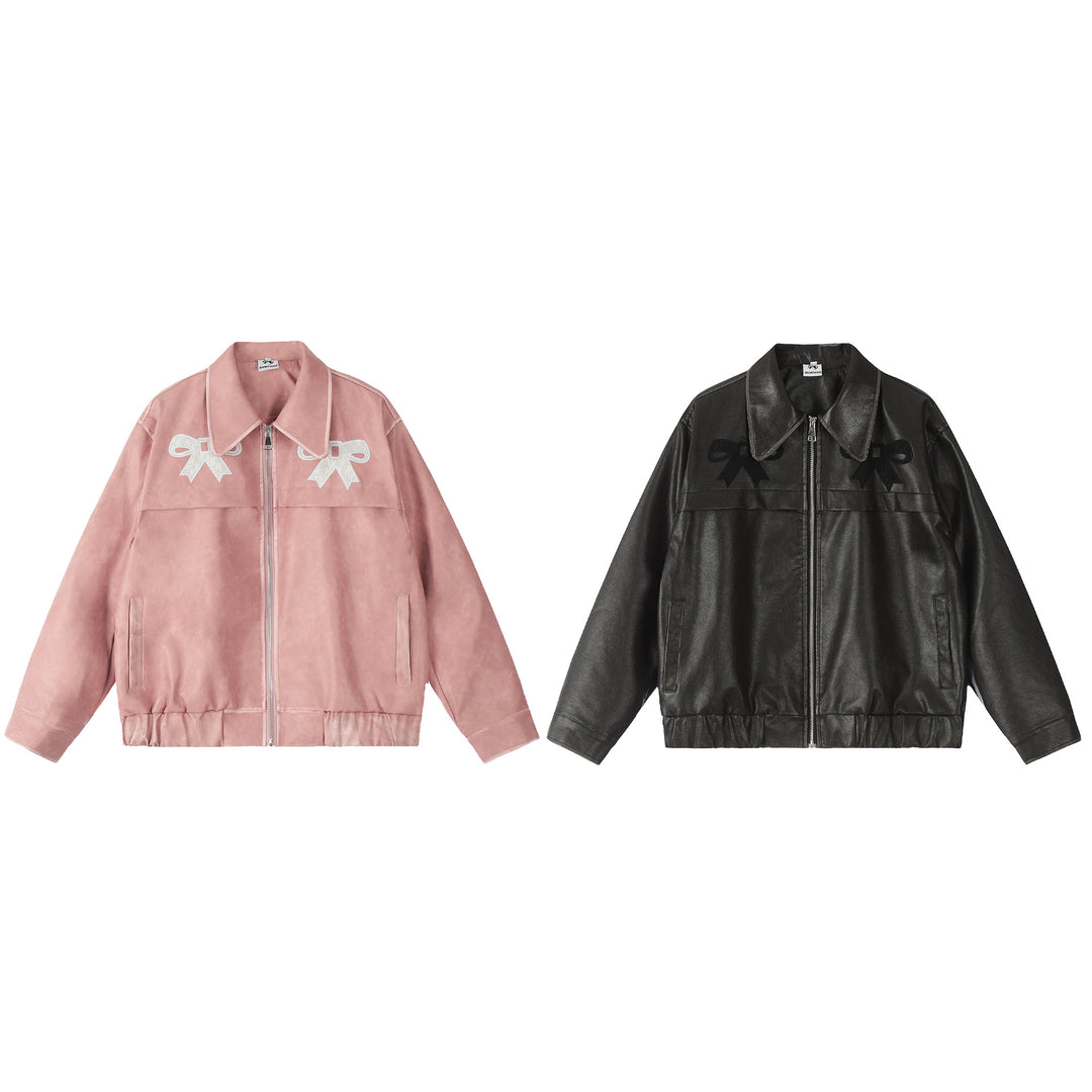 Sweet ribbon PU leather jacket