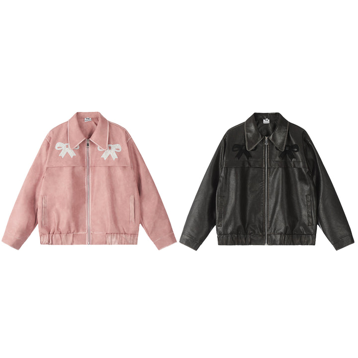 Sweet ribbon PU leather jacket