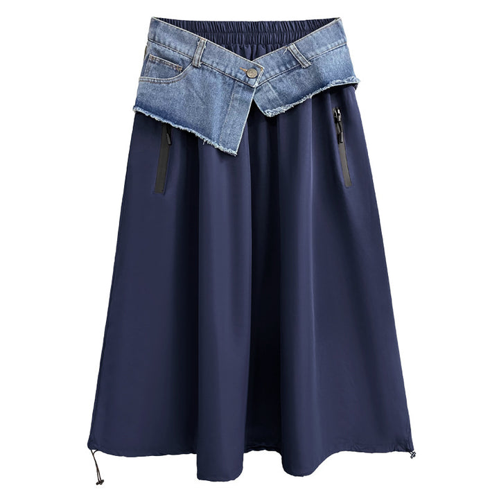 Contrast color switching denim flare skirt