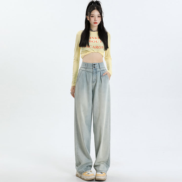 High waist double button straight wide-leg jeans