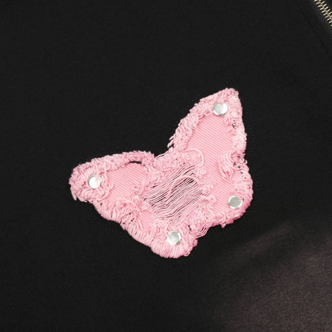 Sweet Washed Butterfly Patch Embroidered Hooded Jacket