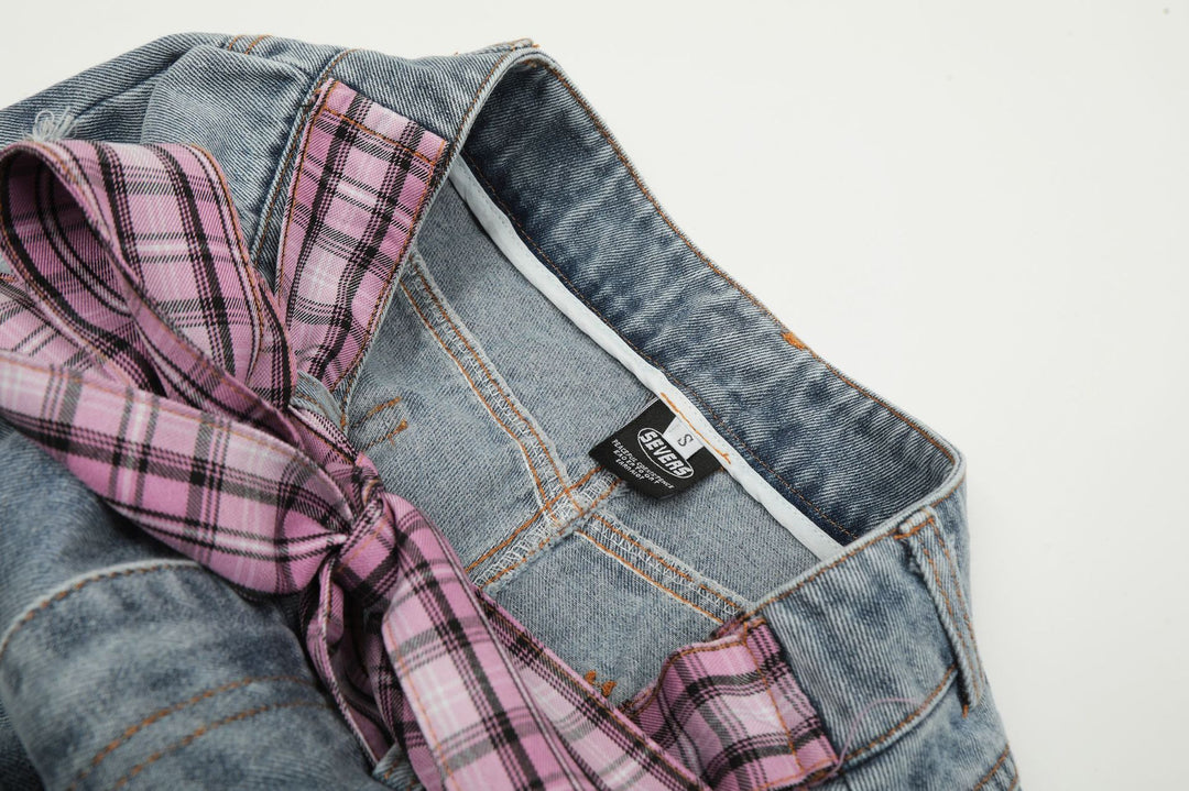Street Style Plaid Cut Patchwork Straight Jeans