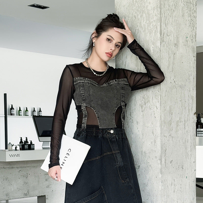 Mesh Denim Long Sleeve Tops