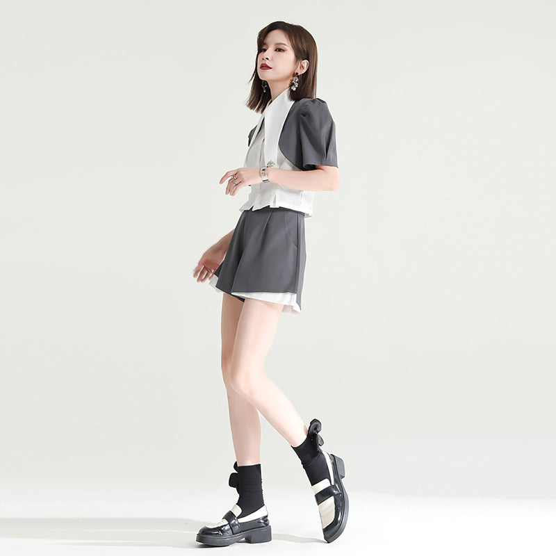 Puff Sleeve Compact Blouse & Monotone Layered Pants