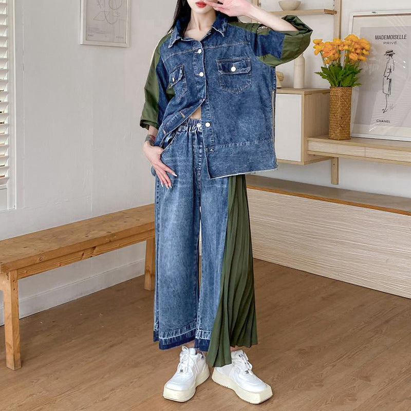 Contrast color patchwork pleated jeans