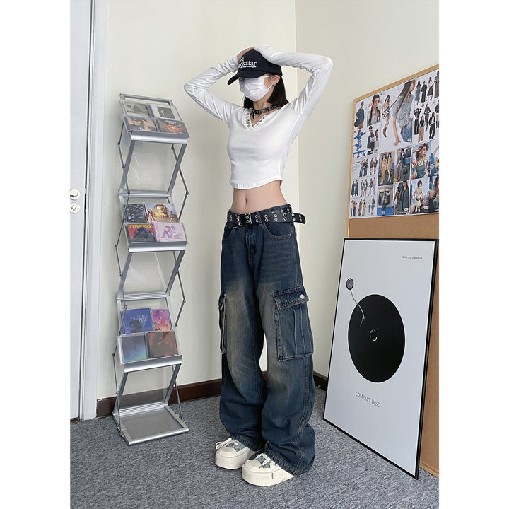 Cargo pants multi-pocket loose straight jeans