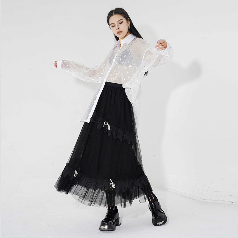 Layered tulle ribbon long skirt