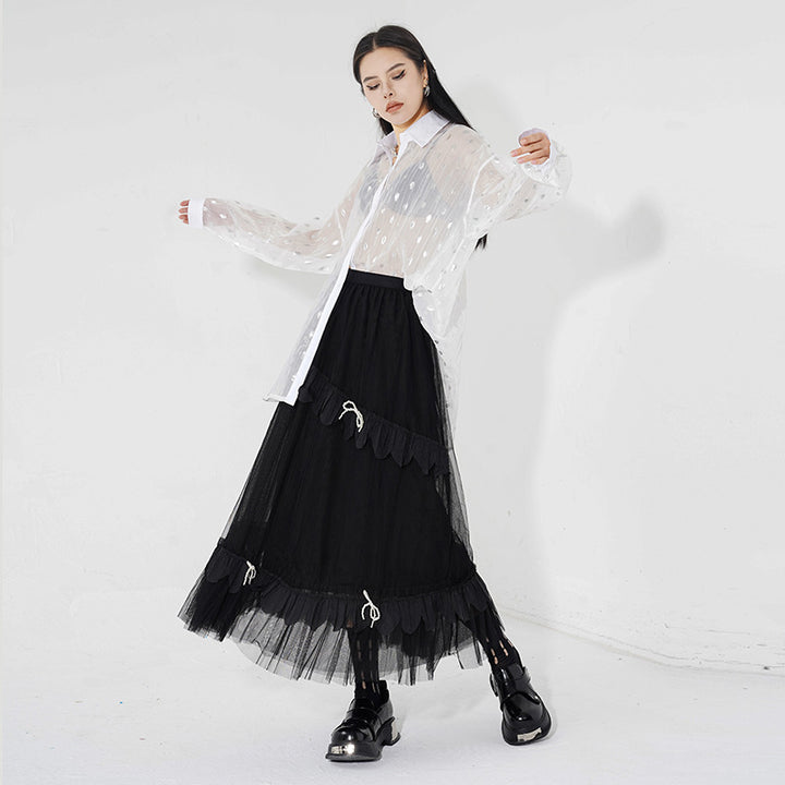Layered tulle ribbon long skirt