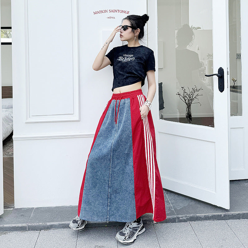 Bicolor side line flare long skirt