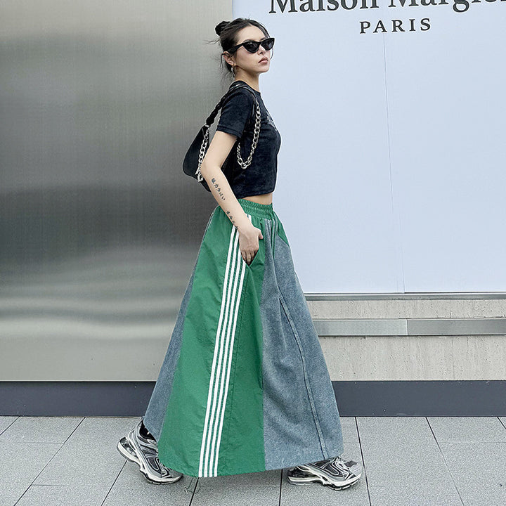 Bicolor side line flare long skirt