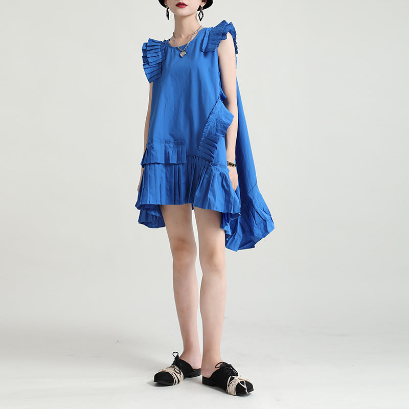 Asymmetry no sleeve pleats one piece