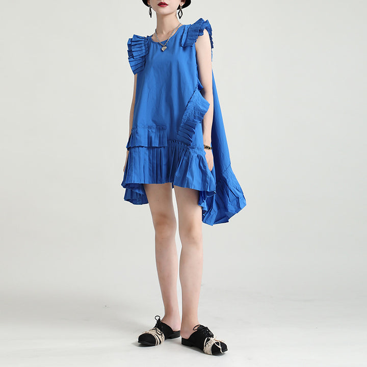 Asymmetry no sleeve pleats one piece