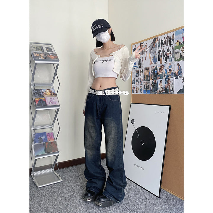 Washed retro loose straight wide-leg jeans