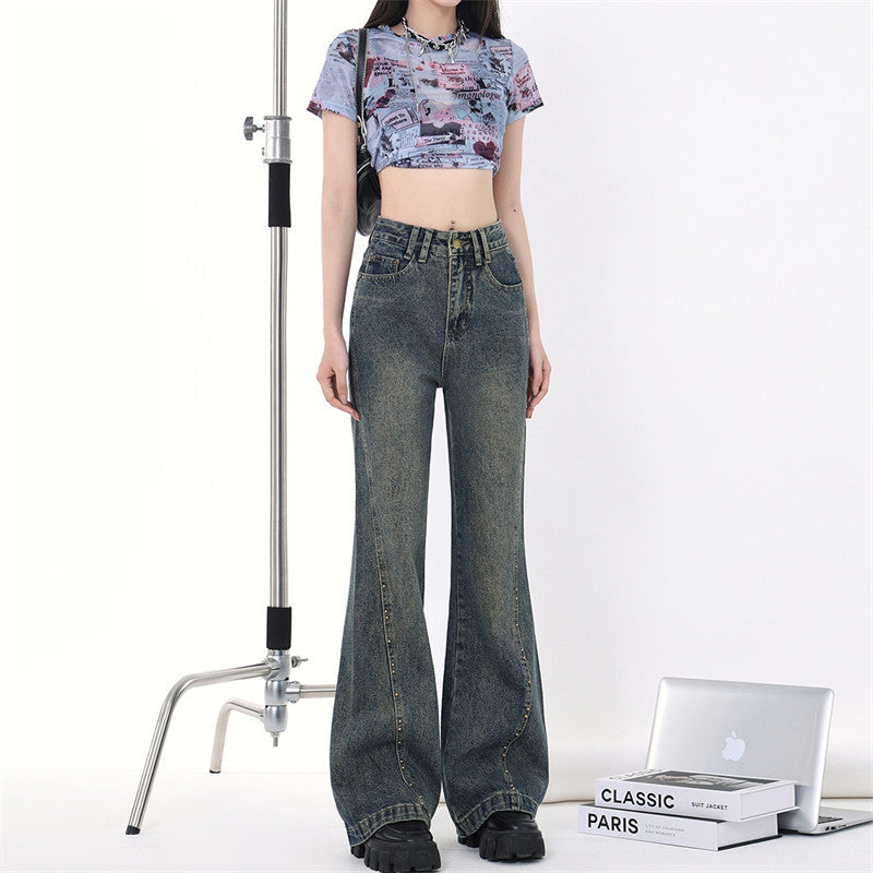 Simple Design Semi Wide Denim Pants