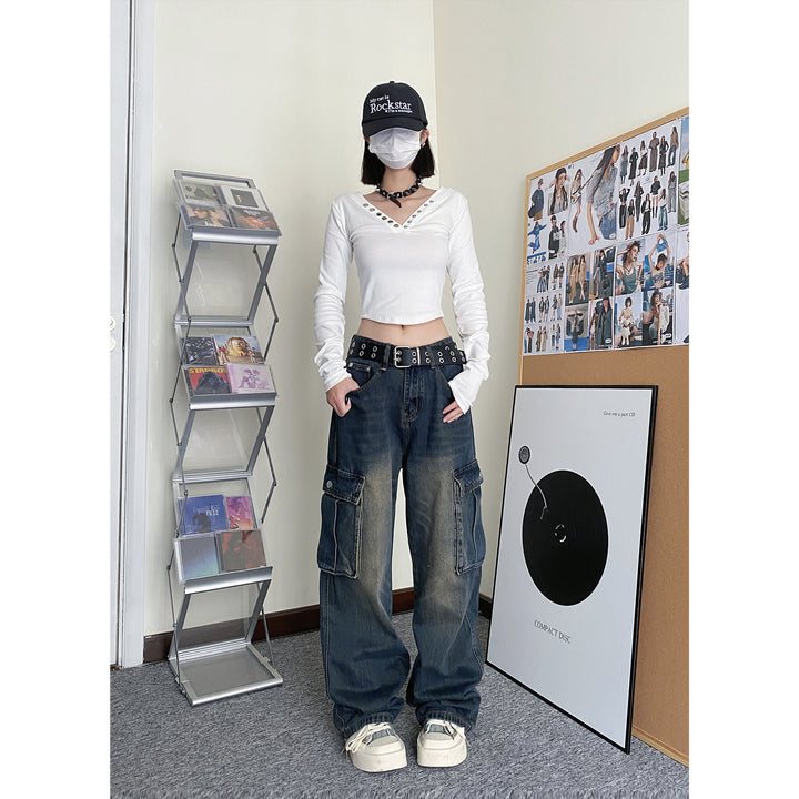 Cargo pants multi-pocket loose straight jeans