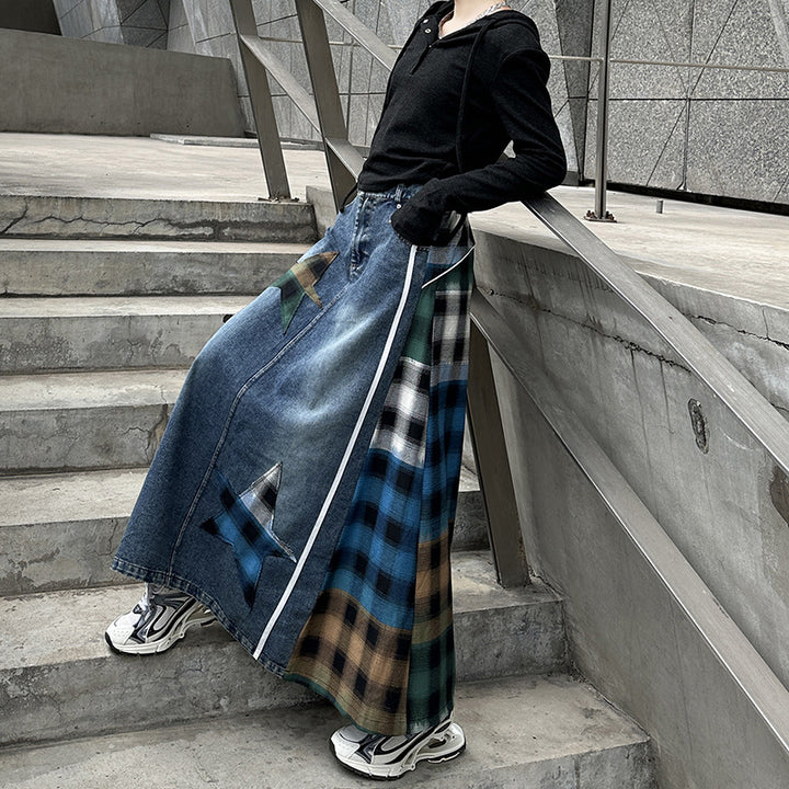 Patchwork plaid high waist A-line denim skirt